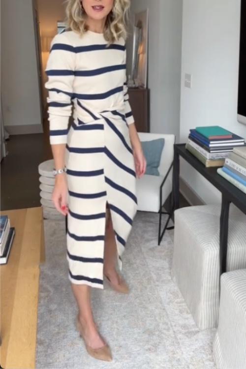 Striped Long Sleeve Twist Front Knit Midi Dress 2