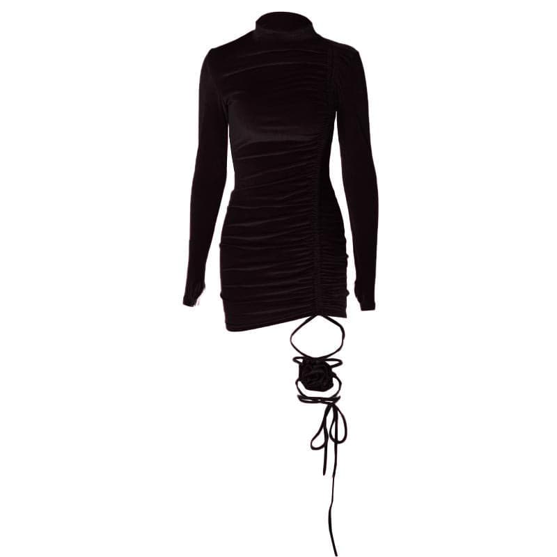 Velvet High Neck Long Sleeve Ruched Rosette Bodycon Mini Dress