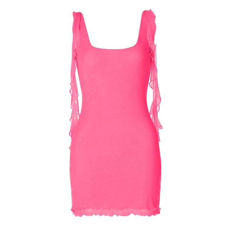 Mesh Square Neck Ruffle Strap Layered Hem Bodycon Mini Dress 4