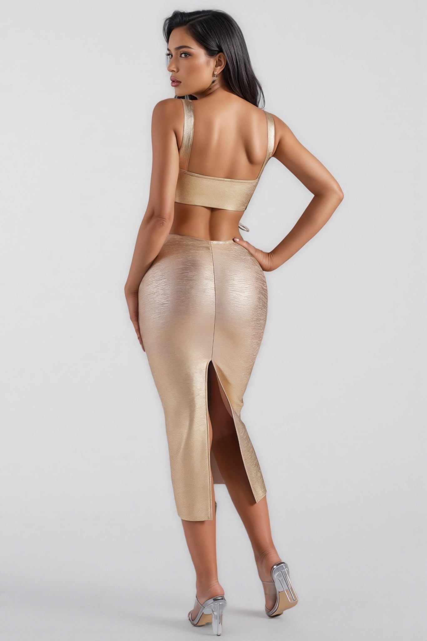 Metallic Square Neck Side Cut Out Twist Panel Bandage Midi Dress