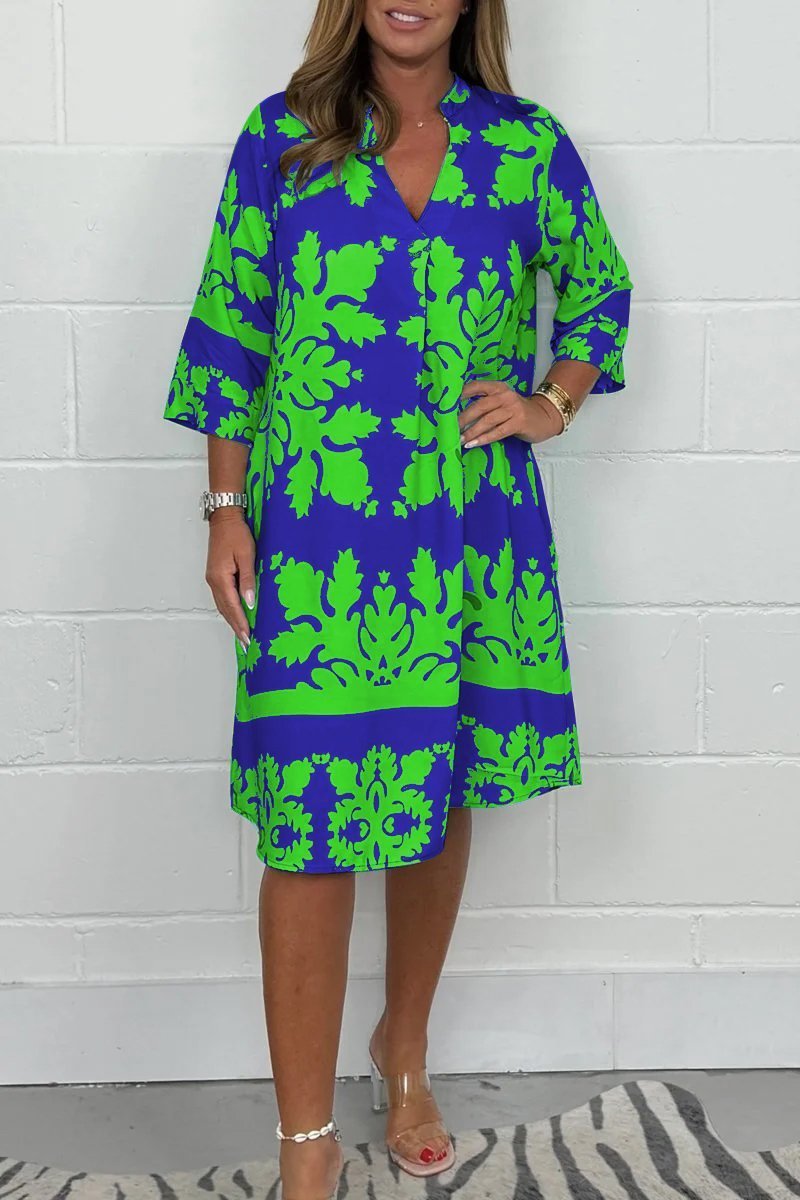 Notch Neck Half Sleeve Damask Print Shift Midi Dress