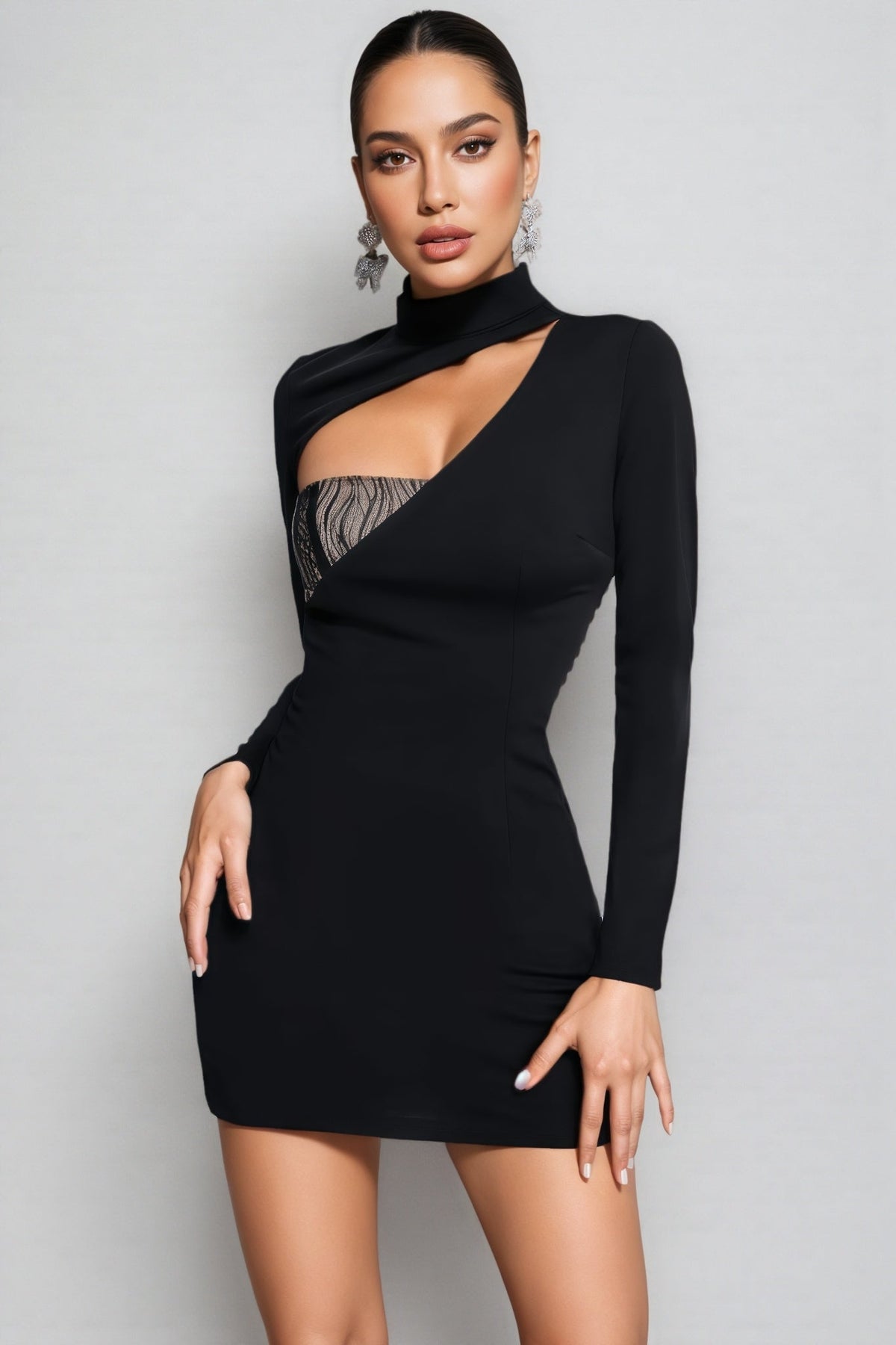 Mock Neck Long Sleeve Asymmetric Cut Out Lace Insert Bodycon Mini Dress