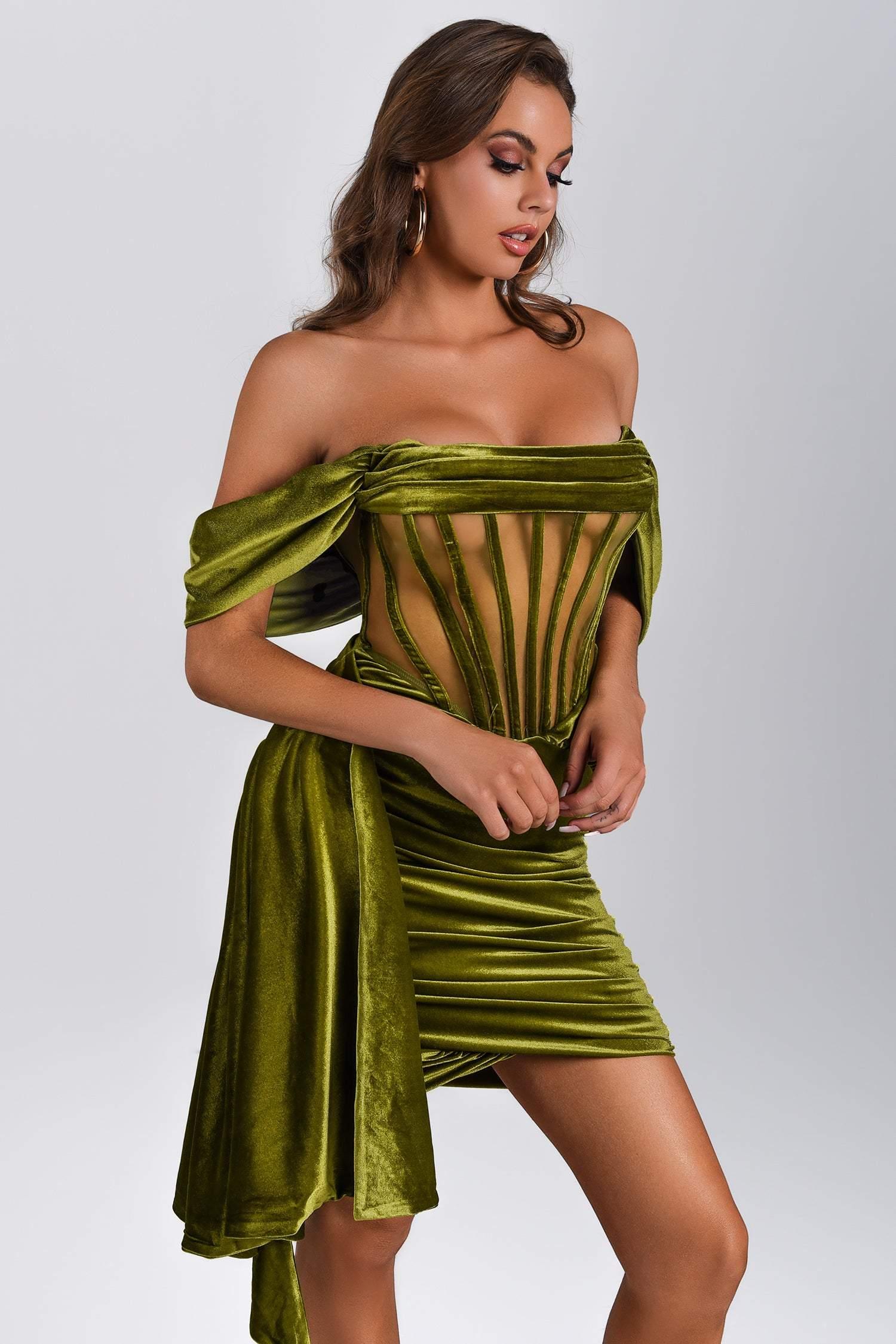 Velvet Off Shoulder Corset Ruched Bodycon Mini Dress