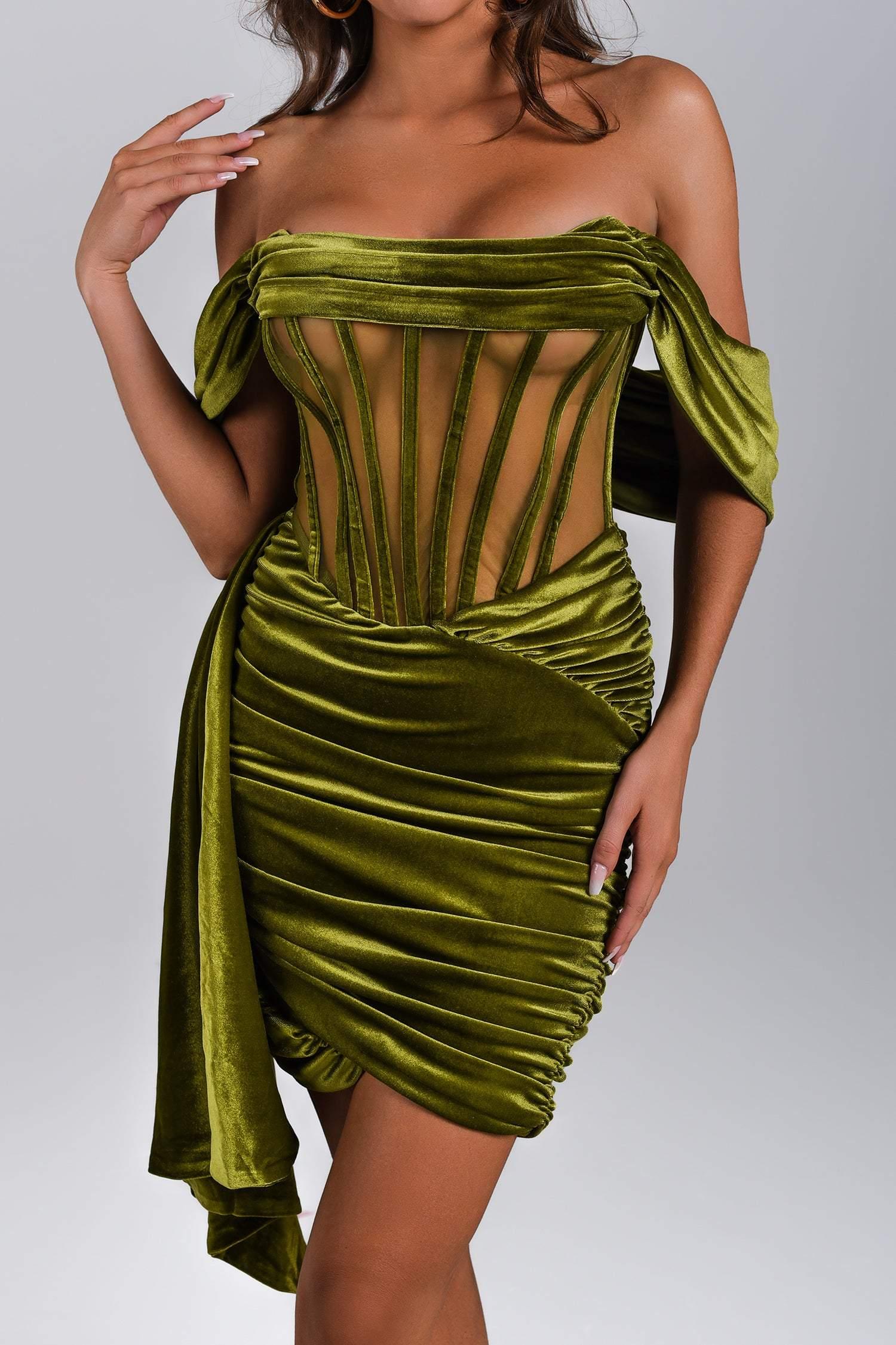 Velvet Off Shoulder Corset Ruched Bodycon Mini Dress