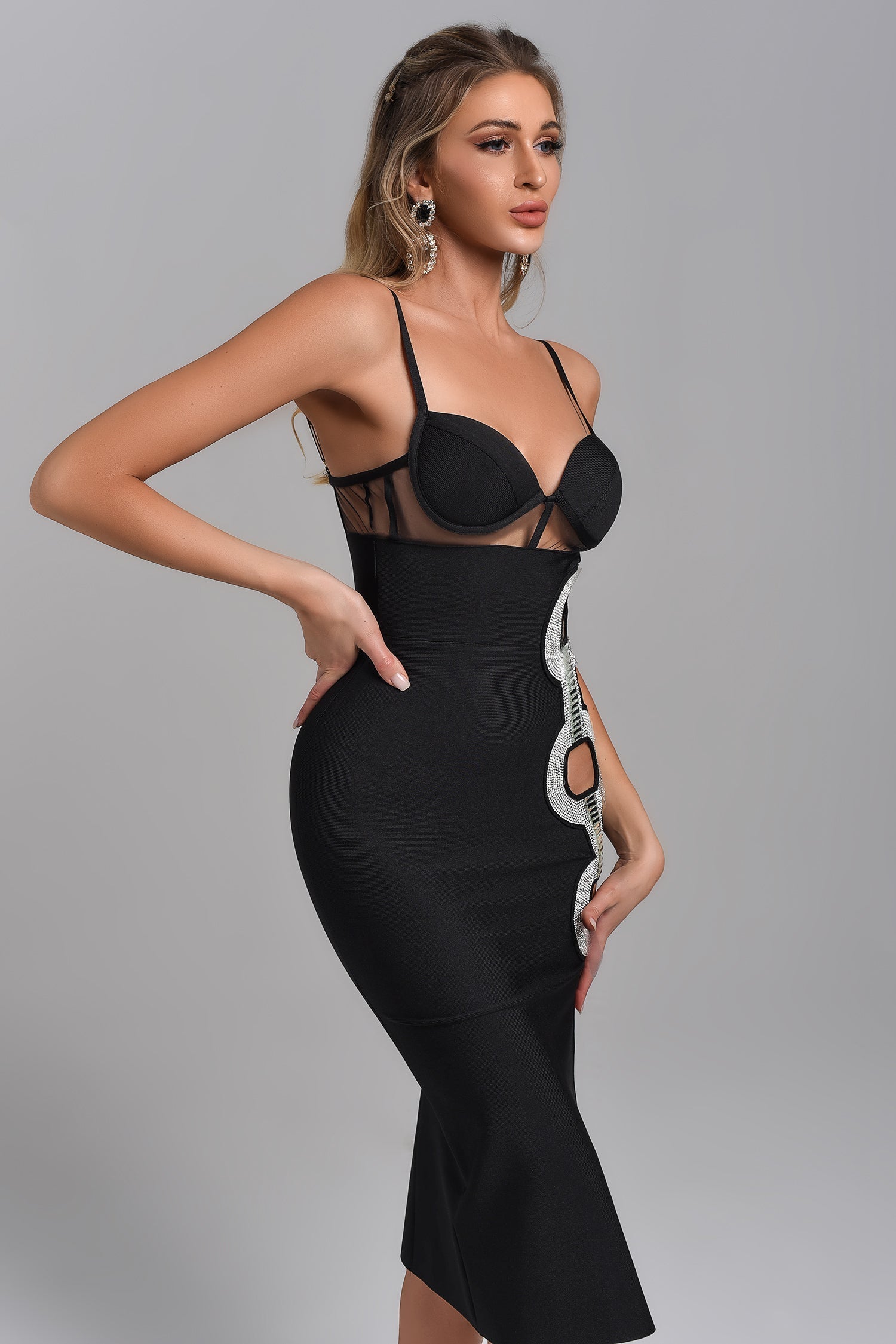 Bustier Rhinestone Cut Out High Slit Bandage Midi Dress