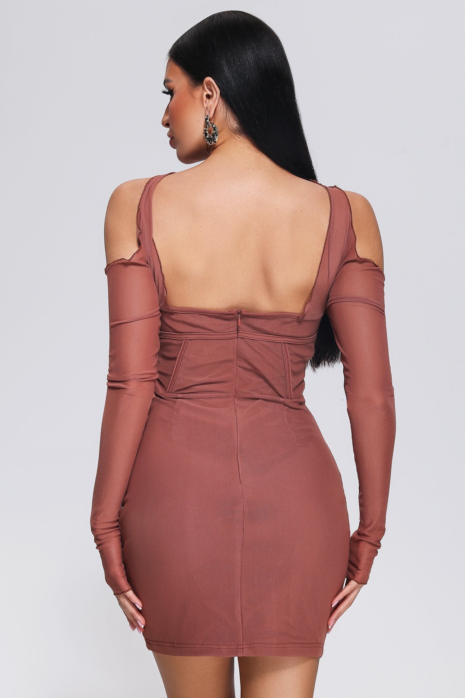 Mesh Off Shoulder Long Sleeve Corset Bodycon Mini Dress