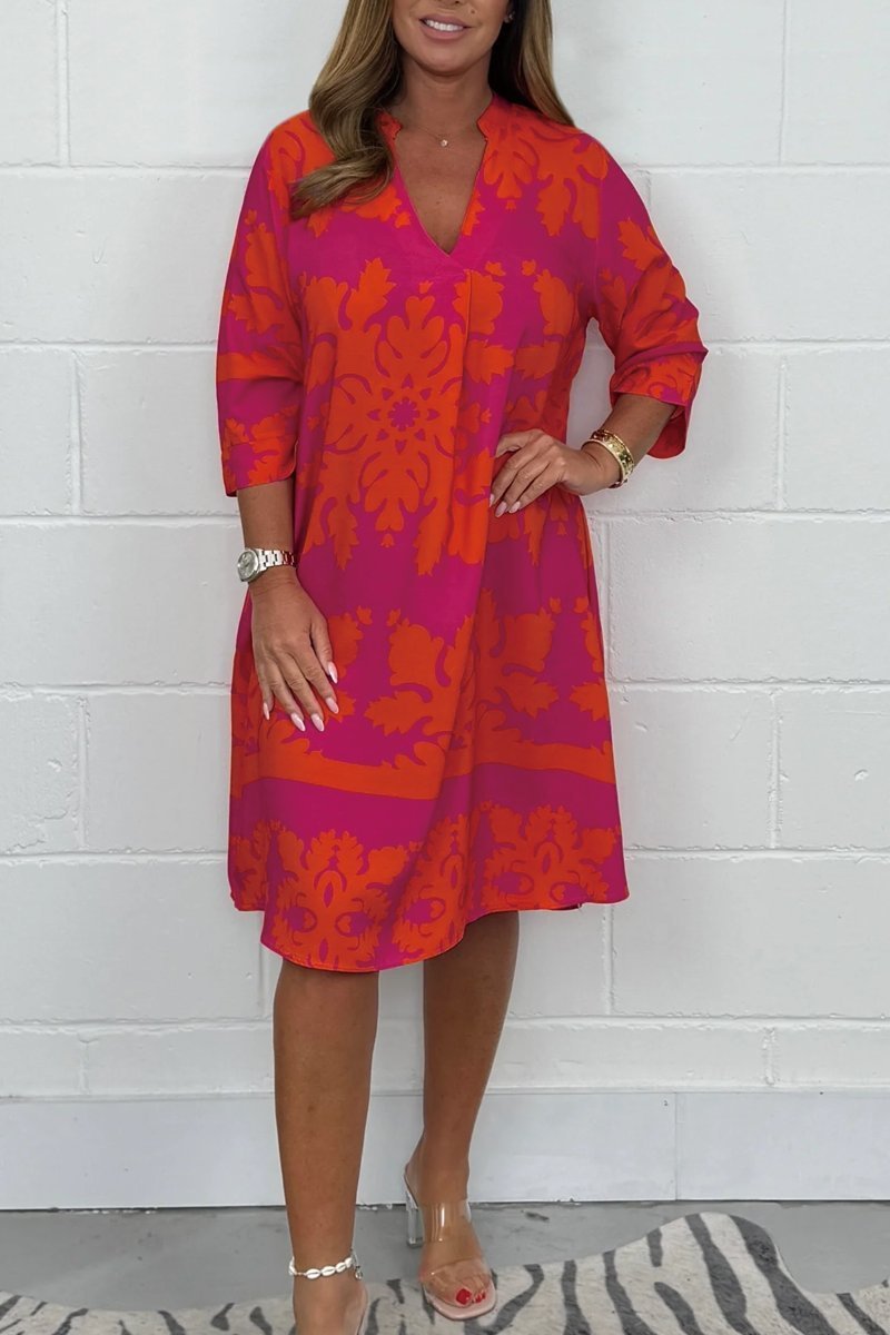 Notch Neck Half Sleeve Damask Print Shift Midi Dress