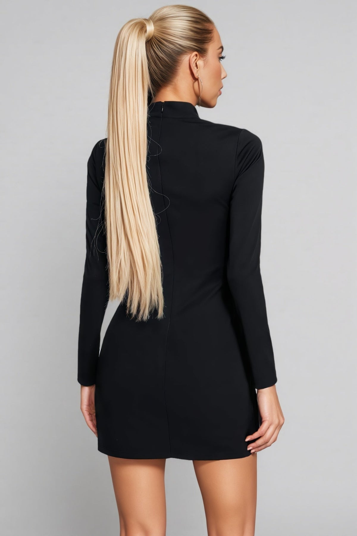 Mock Neck Long Sleeve Asymmetric Cut Out Lace Insert Bodycon Mini Dress 4