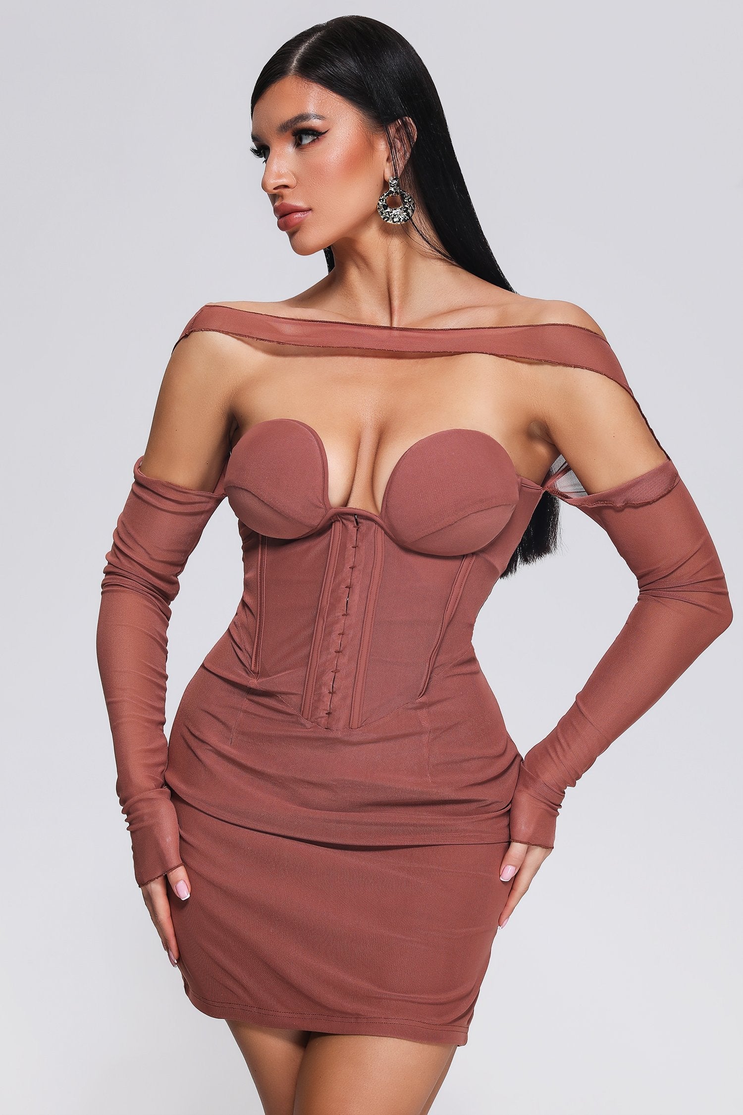 Mesh Off Shoulder Long Sleeve Corset Bodycon Mini Dress