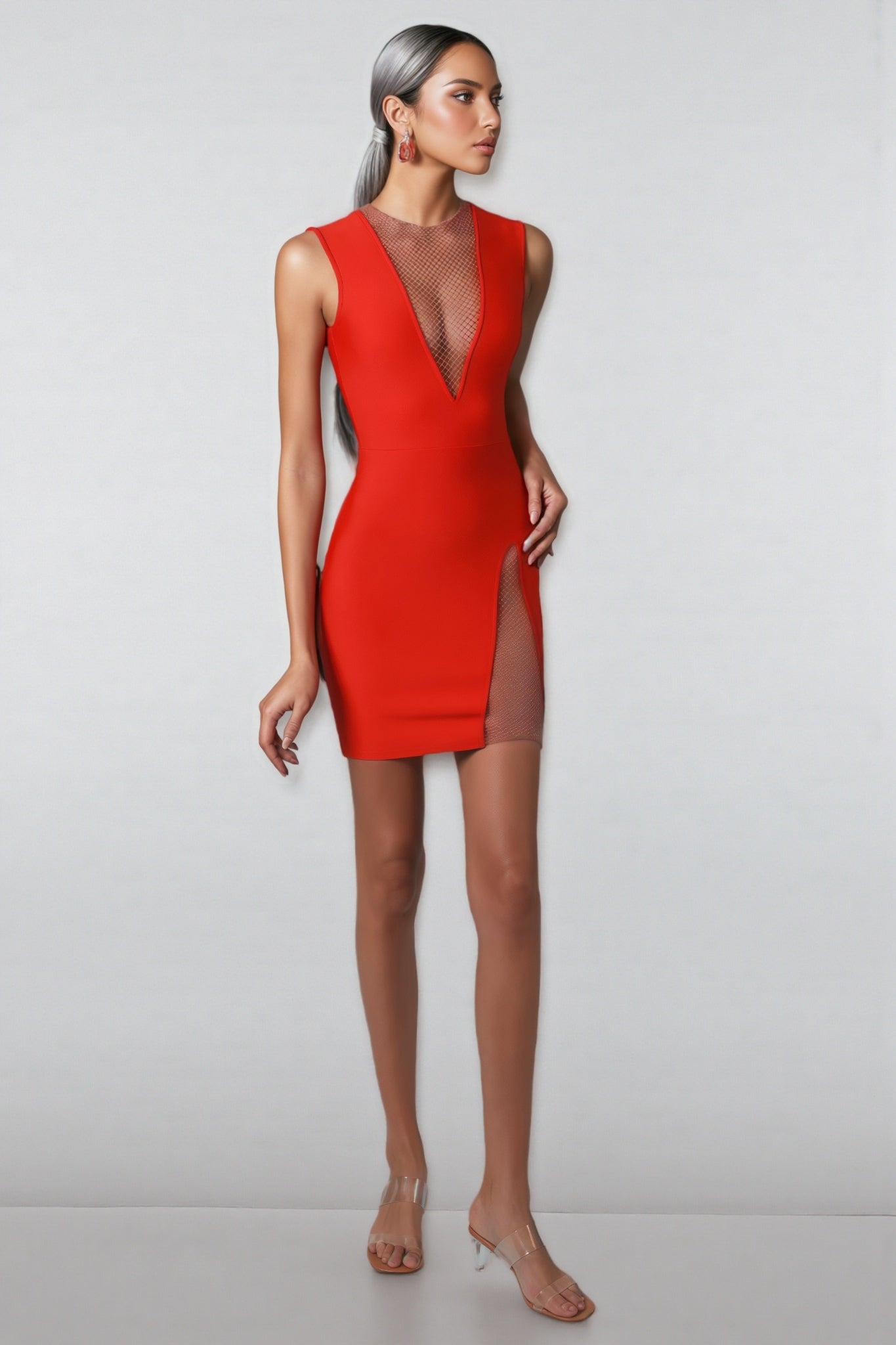 Mesh Insert High Neck Deep V-Neck Side Slit Bandage Bodycon Mini Dress