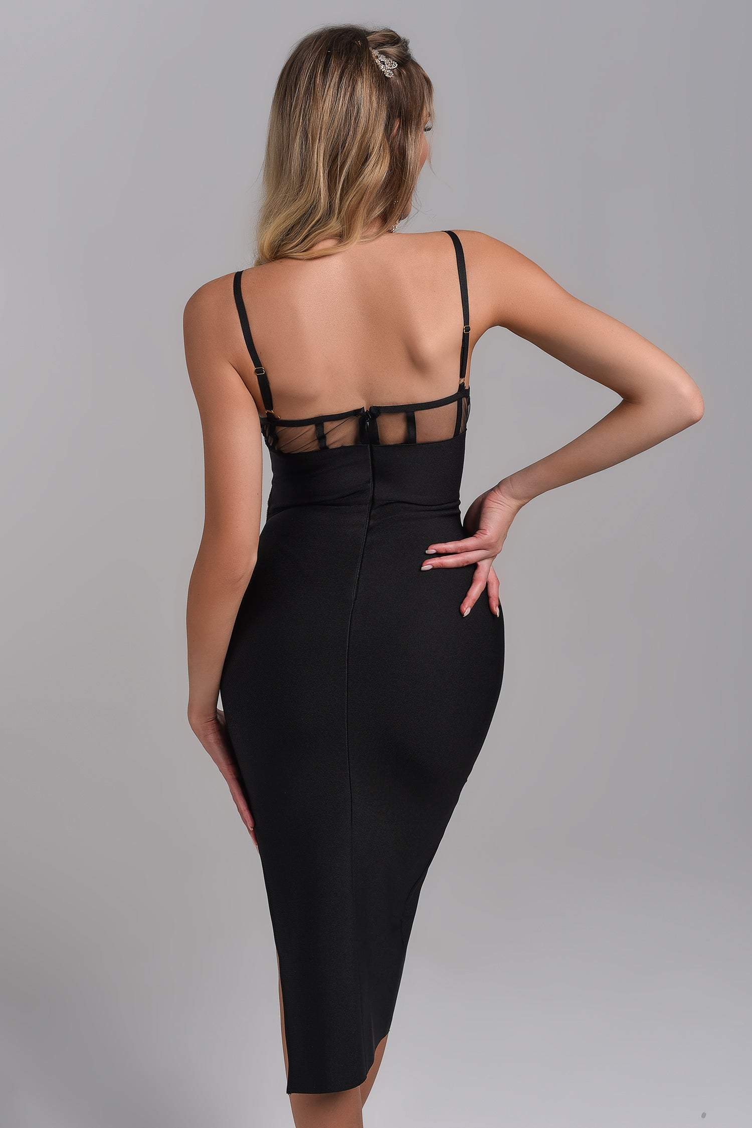 Bustier Rhinestone Cut Out High Slit Bandage Midi Dress