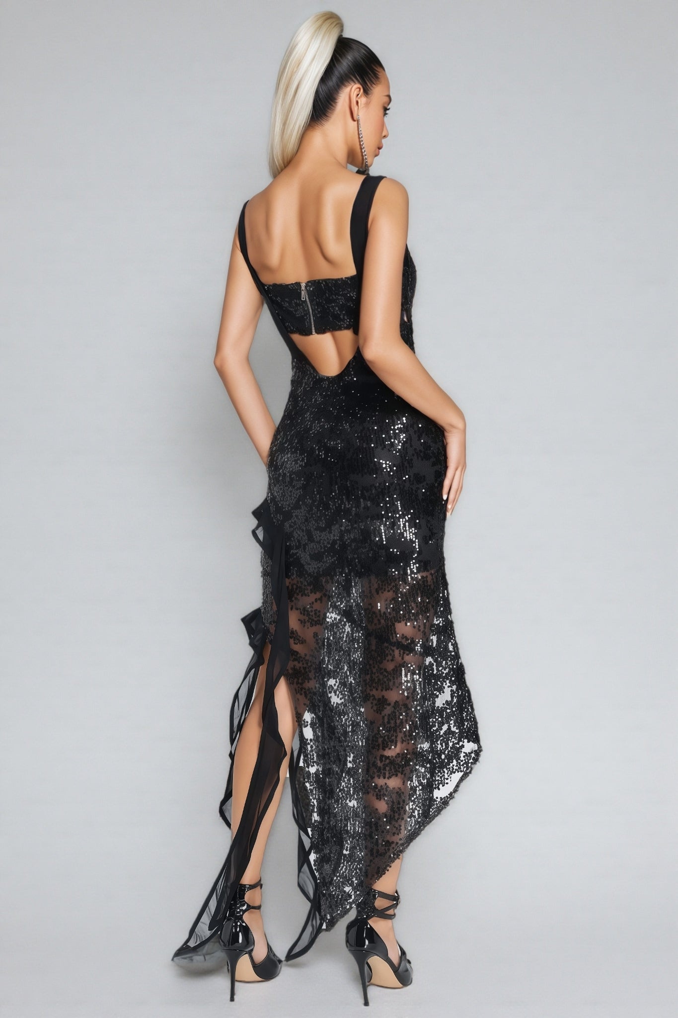 Sequin Mesh Ruffle High Split Two Piece Set