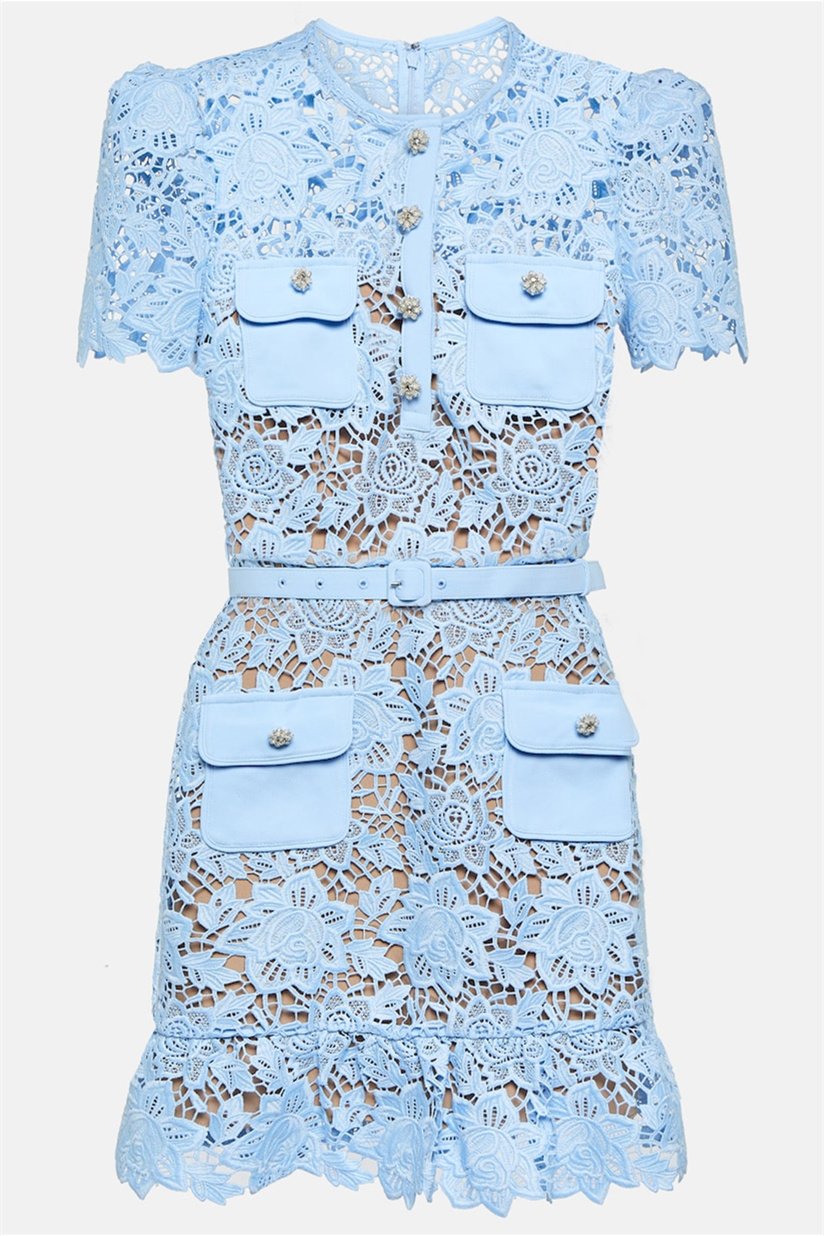Floral Lace Short Sleeve Belted Ruffle Mini Dress