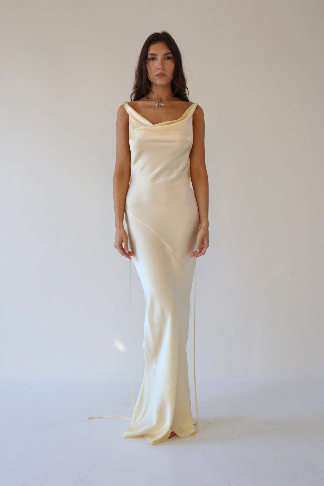 Satin Cowl Neck Sleeveless Bias Cut Tie Back Maxi Dress