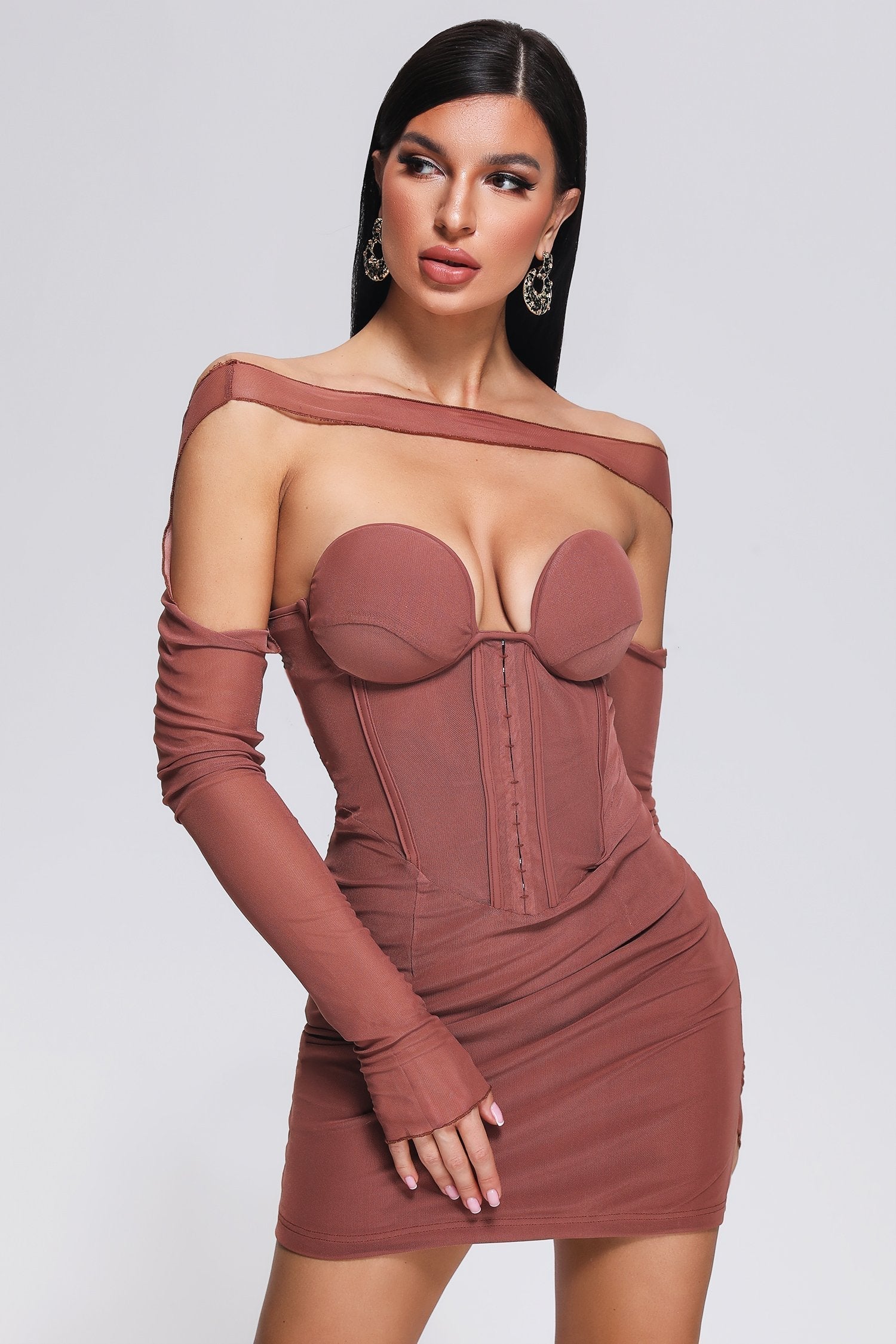 Mesh Off Shoulder Long Sleeve Corset Bodycon Mini Dress