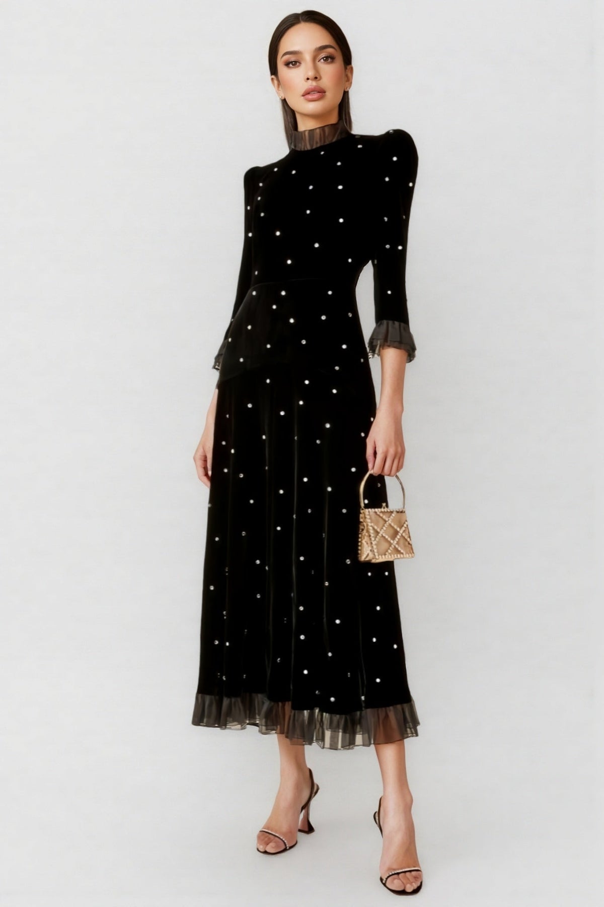 Velvet Mock Neck Studded Three Quarter Sleeve Ruffle Hem Midi Dress