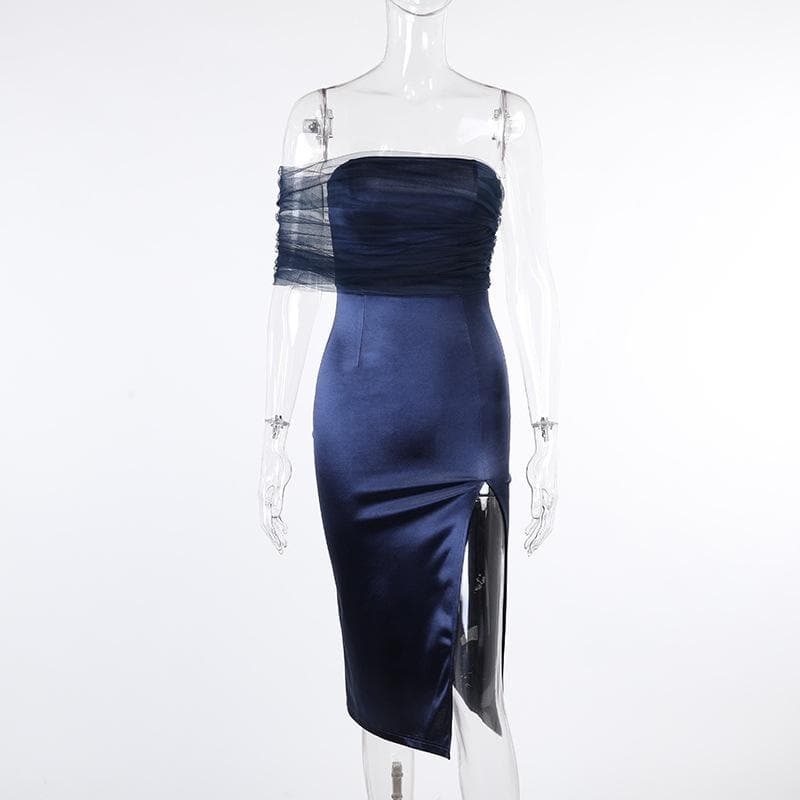 One shoulder irregular mesh ruched slit midi dress 2