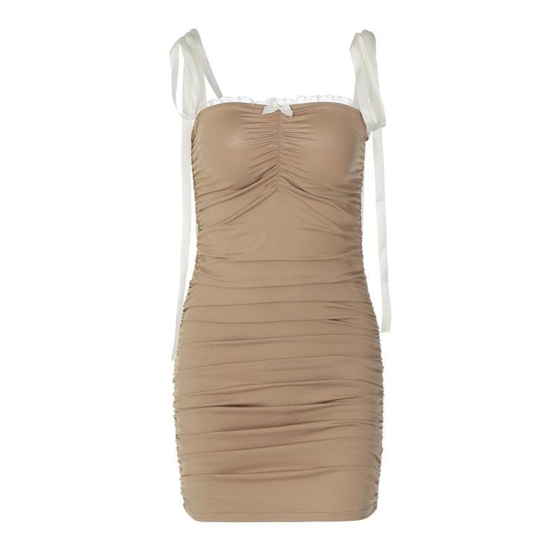 Ruched lace hem self tie square neck backless mini dress 3