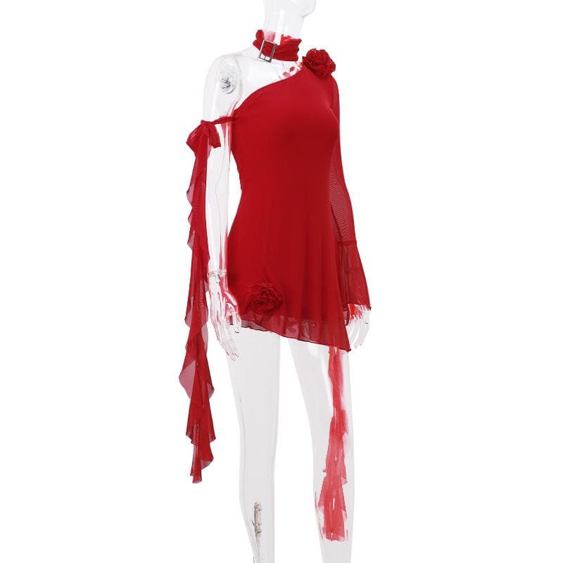 One Shoulder Flared Sleeve Mesh Flower Applique Ruffle Mini Dress