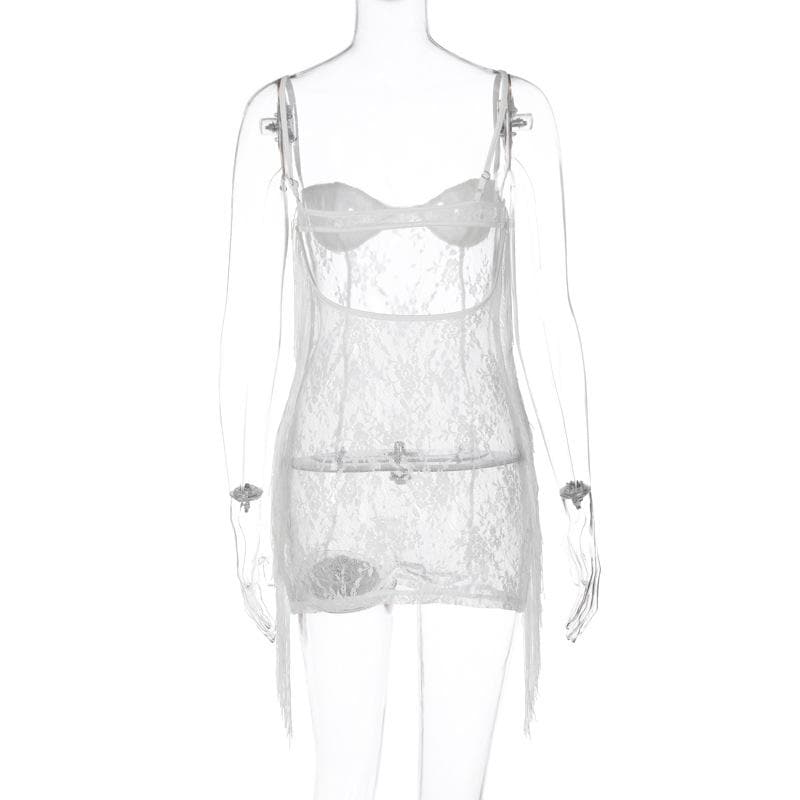 Tassels low cut see through lace solid backless cami mini dress 3