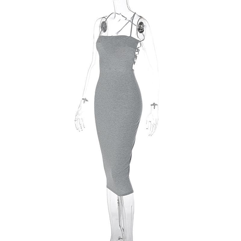 Cross back lace up self tie backless solid square neck midi dress 4