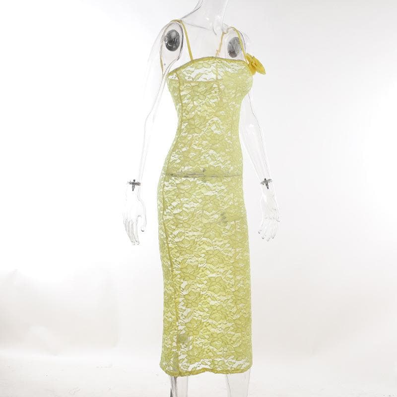 Lace Square Neck Spaghetti Strap Side Slit Bodycon Maxi Dress
