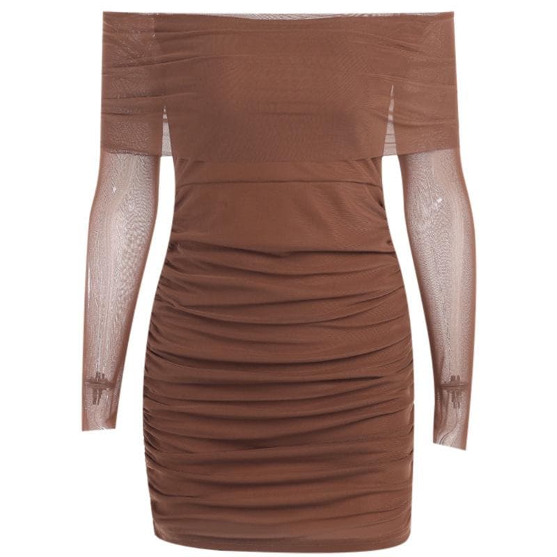 Mesh off shoulder solid long sleeve ruched mini dress 4