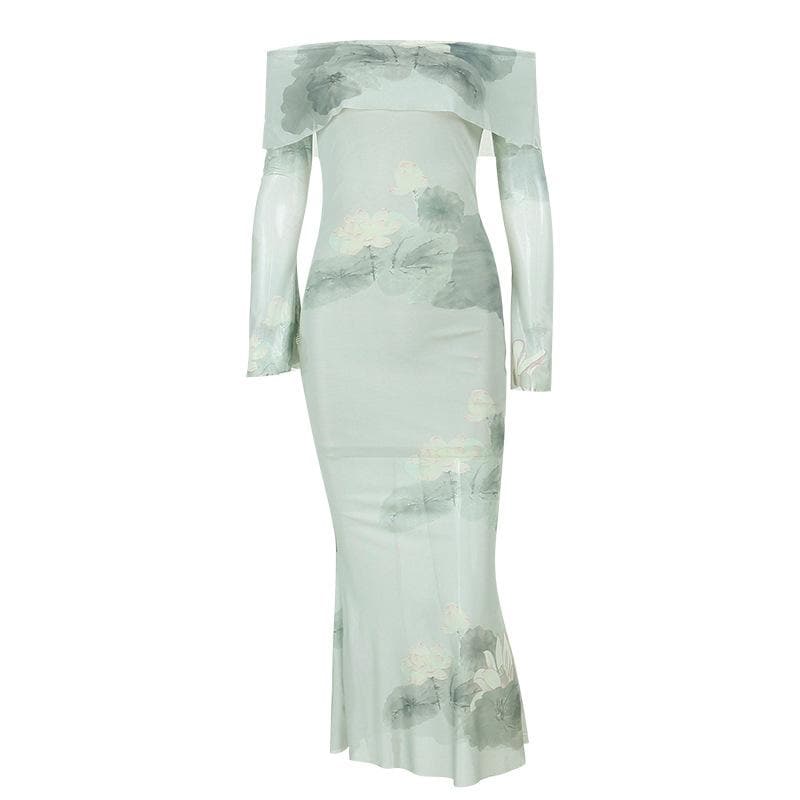 Floral Off Shoulder Long Sleeve Mermaid Maxi Dress