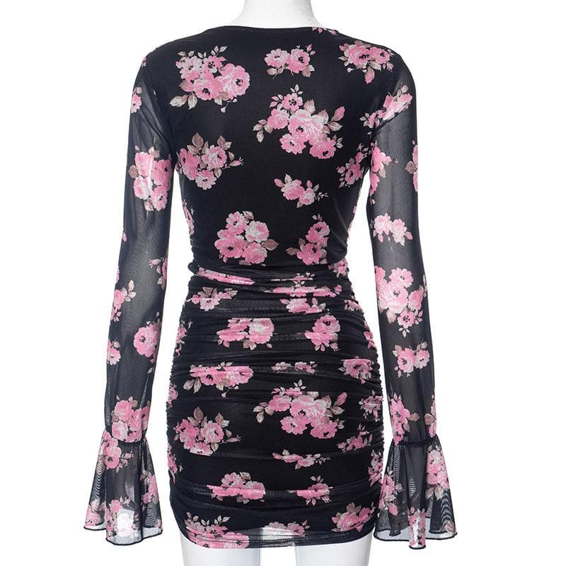 Floral Print Cowl Neck Long Sleeve Ruched Sheer Mesh Mini Dress