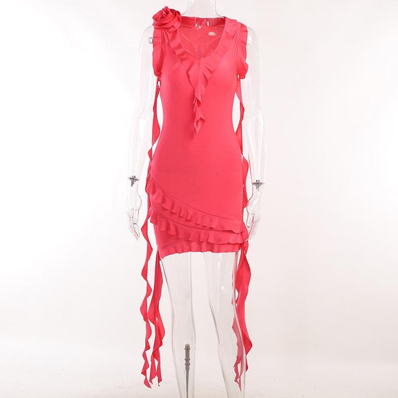 V-Neck Sleeveless Ruffle Flower Applique Asymmetric Mini Dress