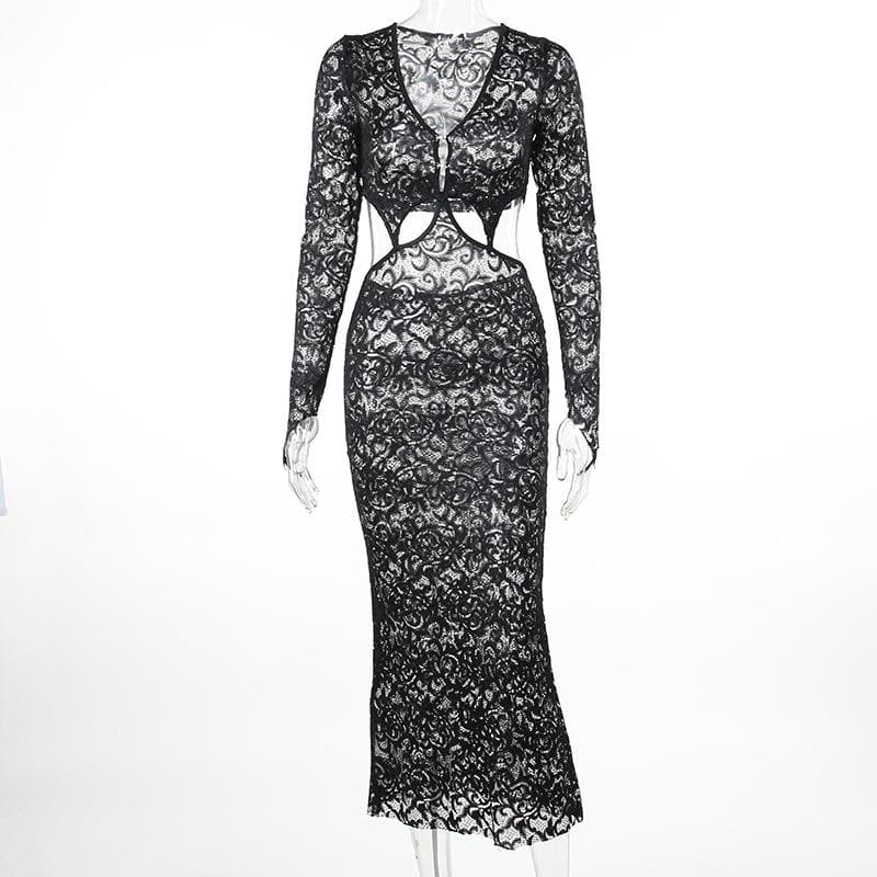 Lace gloves long sleeve button hollow out midi dress 9