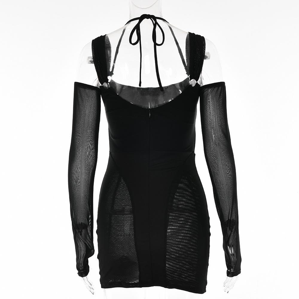 Mesh Square Neck Long Sleeve Corset Cut Out Bodycon Mini Dress