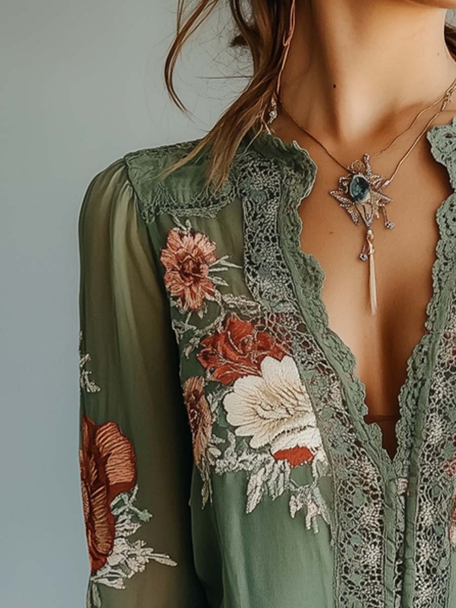 Floral Lace Trim V-Neck Long Sleeve Blouse 7