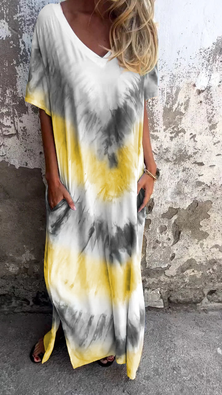 Tie Dye V-Neck Short Sleeve Pocket Maxi Dress 7