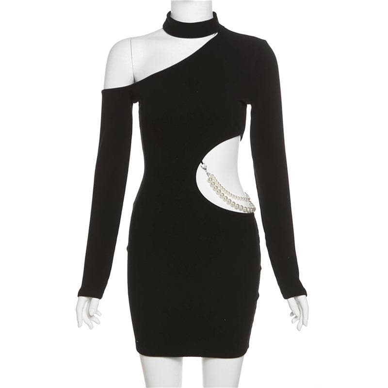Mock Neck Long Sleeve Asymmetric Shoulder Pearl Chain Side Cut Out Bodycon Mini Dress