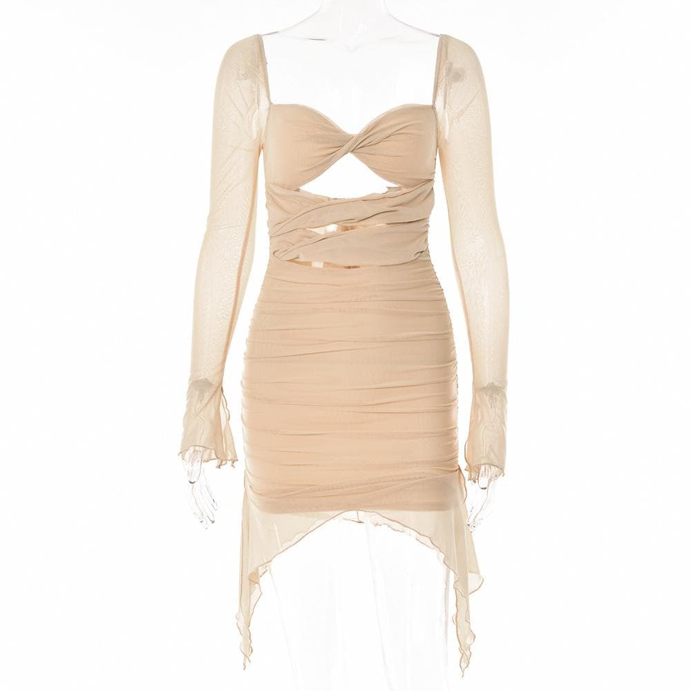 Long sleeve solid hollow out slit mesh ruched zip-up backless mini dress 4