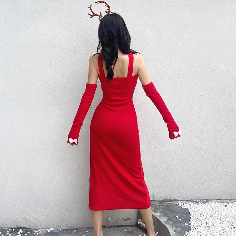Knit Off Shoulder Long Sleeve High Split Bodycon Midi Dress