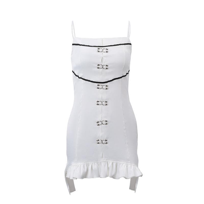 Metal applique contrast square neck ruffle spaghetti strap mini dress - View 2