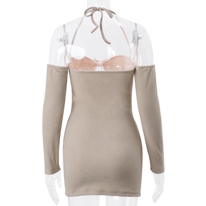 Halter Neck Off Shoulder Long Sleeve Cut Out Bodycon Mini Dress