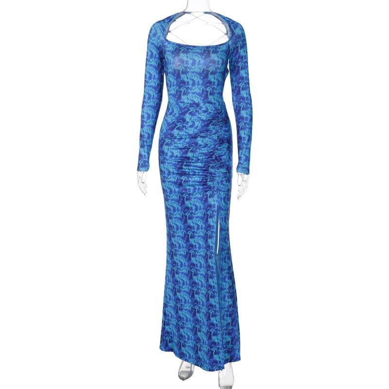 Lace up backless long sleeve slit ruched contrast print maxi dress 9