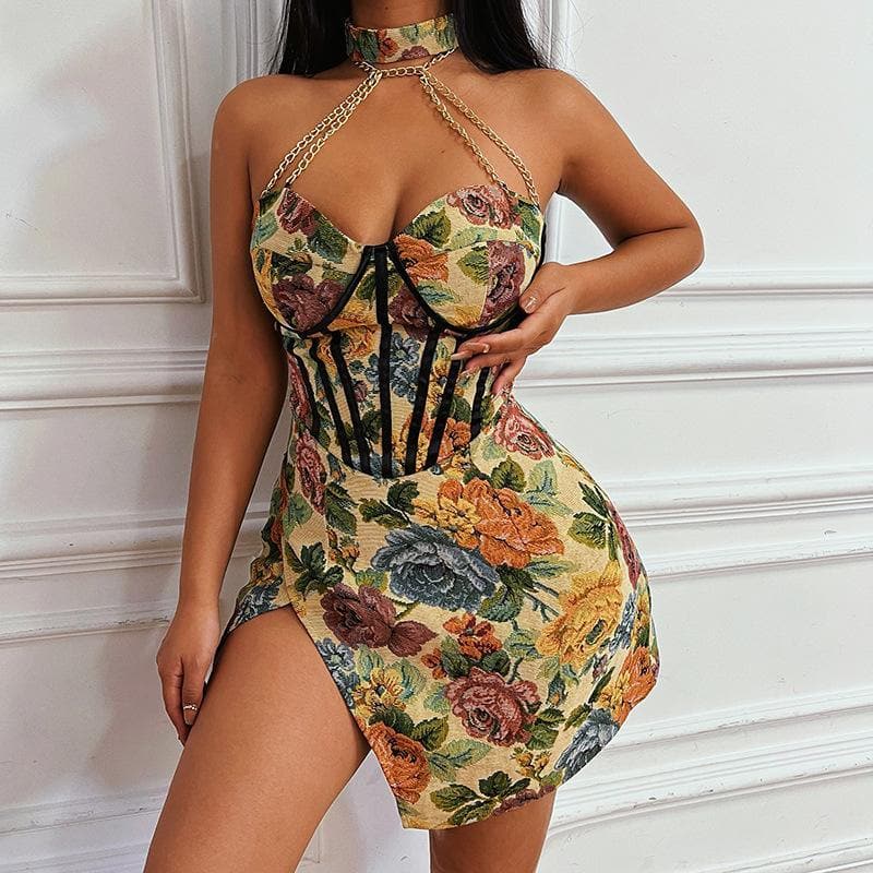 Floral Halter Neck Corset High Split Mini Dress