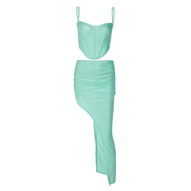 Low Cut Corset Ruched Backless High Split Maxi Dress