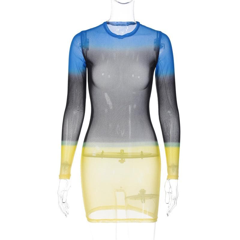 Contrast sheer mesh see through long sleeve crewneck mini dress 3