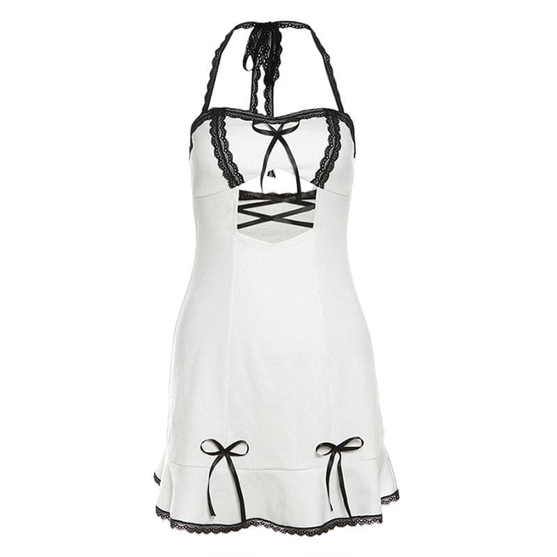 Lace Trim Halter Neck Lace Up Cut Out Mini Dress