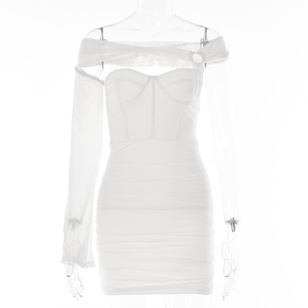 Solid one shoulder o ring hollow out mesh backless mini dress 2