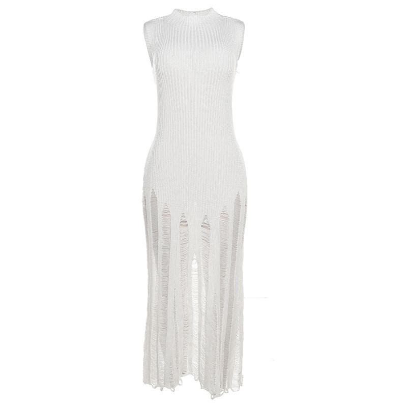 Ribbed Knit Mock Neck Sleeveless Distressed Shredded Maxi Dress