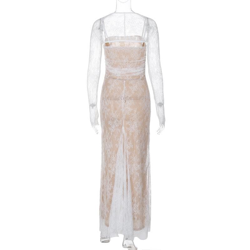 Long sleeve lace zip-up ruched shrug cami maxi dress 3