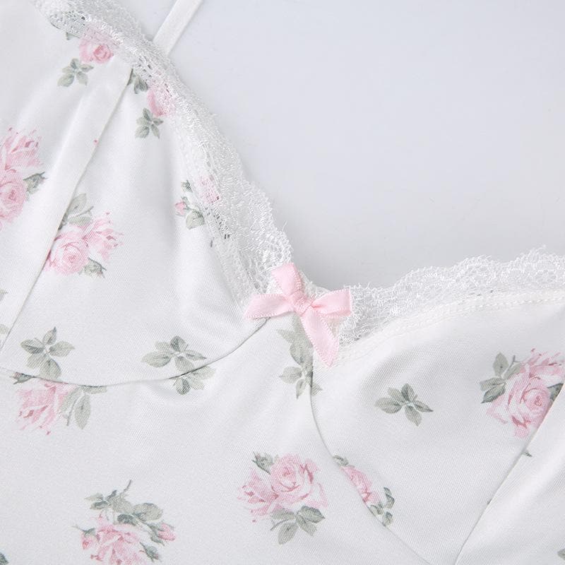 Floral Print Sweetheart Spaghetti Strap Lace Trim Bodycon Mini Dress