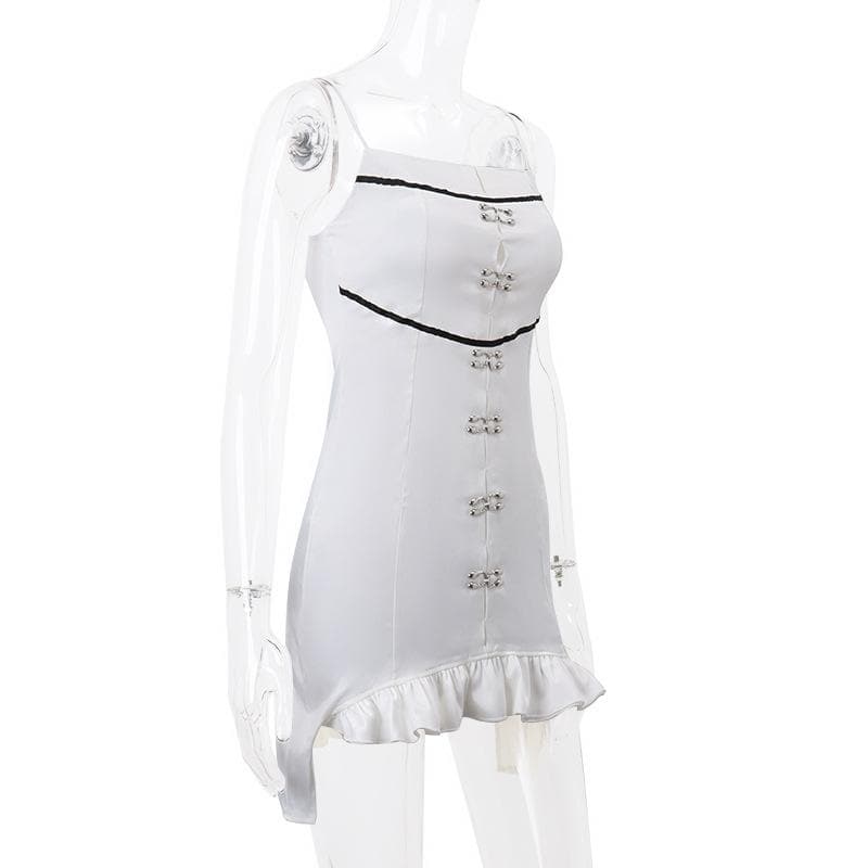 Metal applique contrast square neck ruffle spaghetti strap mini dress - View 3