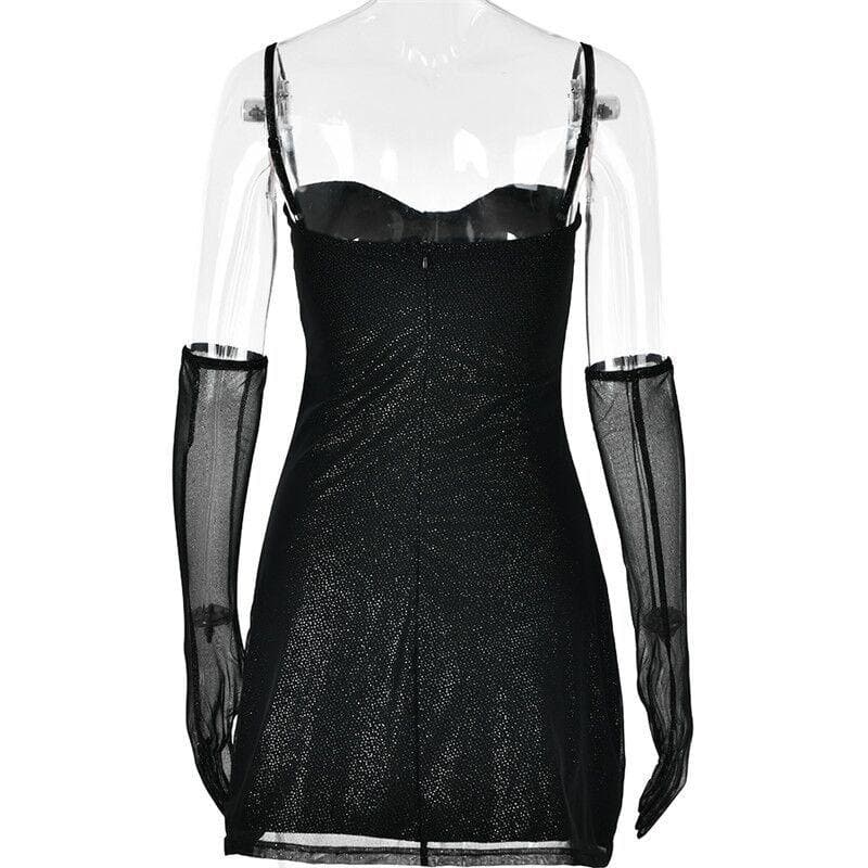 Textured mesh gloves sweetheart neck zip-up slit cami mini dress 5